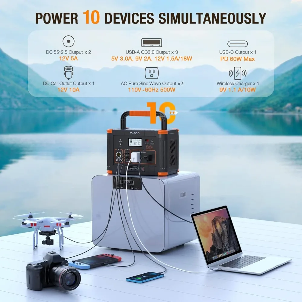 519Wh屋外ソーラー発電機、100Wポータブルソーラーパネル20V付き、ポータブル電源500W（ピーク1000W）バックアップバッテリーパック
