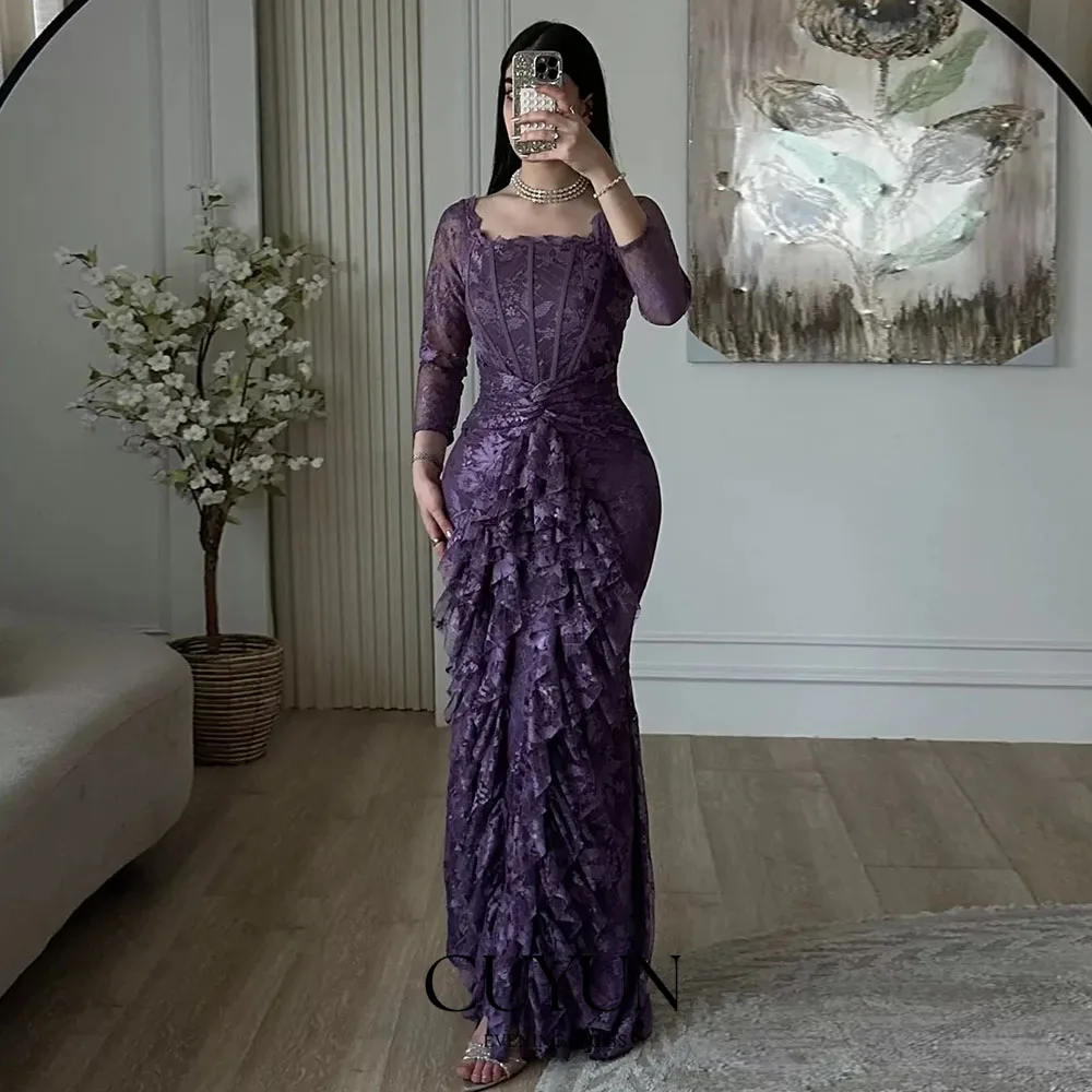 

CUYUN фиолетовое кружевное вечернее платье в Саудовской Аравии с квадратным воротником и длинными рукавами, вечернее платье-футляр с оборками для торжественного мероприятия, индивидуальное платье