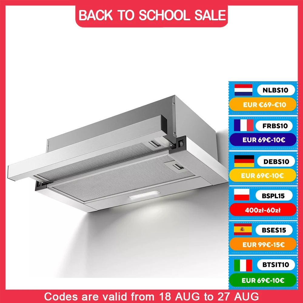 60 cm Teleskop-Ablufthaube mit Flachbildschirm, 620 m3/h