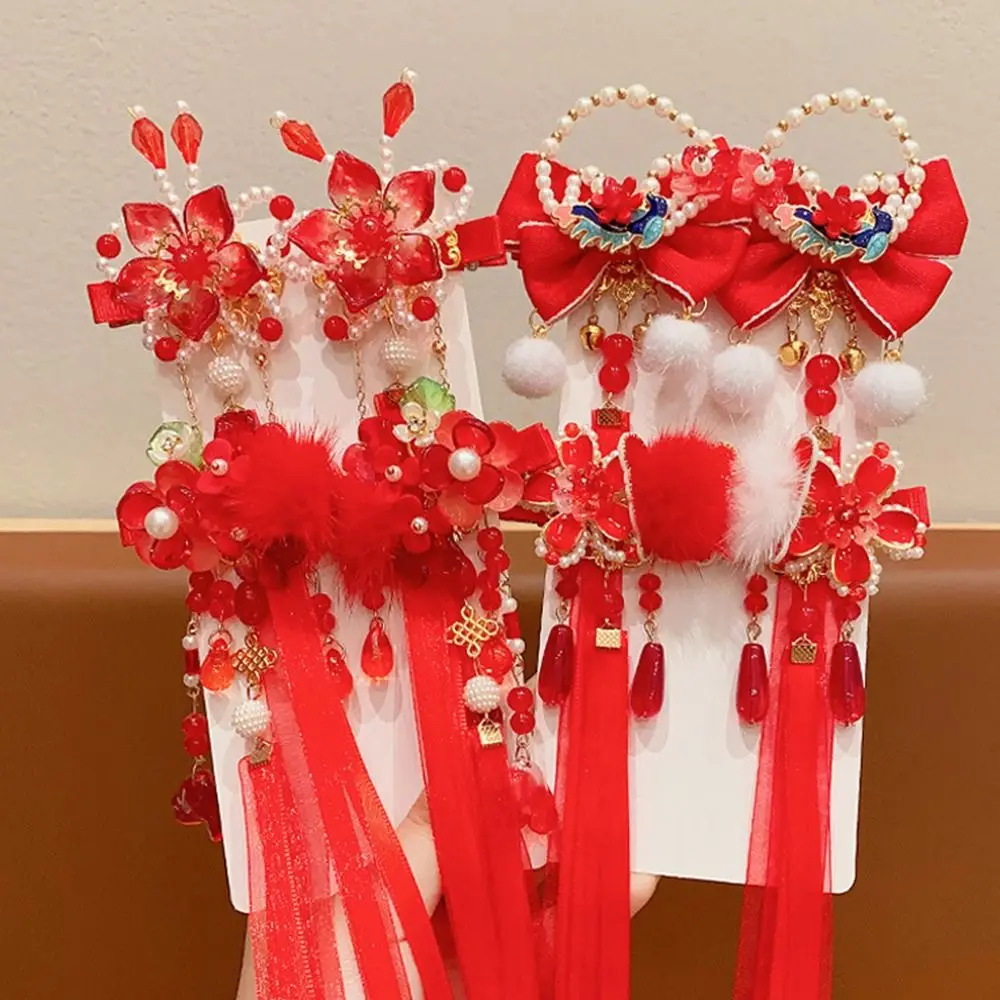 Ribbon Red Bow Hair Clip Fringe Head Wear Princess Forehead Chain Tang Suit Hair Clip New Year Plush Ball Hairpin Headwear