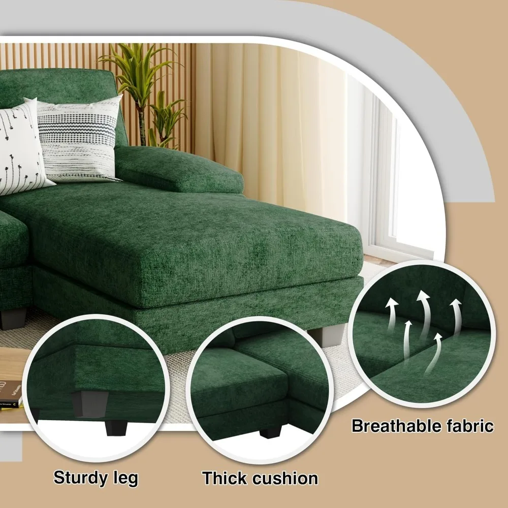 Customized Hotel sofa  Convertible Sectional Sofa ,  U-Shaped Fabric Modular Sofa Sleeper with Double Chaise Memory Foam (Green)