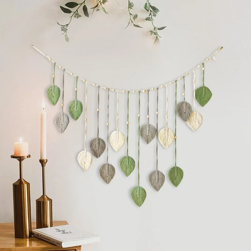 110cm Three Color Leaf Weave Flags Hanging with Wooden Bead Cotton Rope Tassel Pendant Dining Cabinet Wall Decoration Tapesties