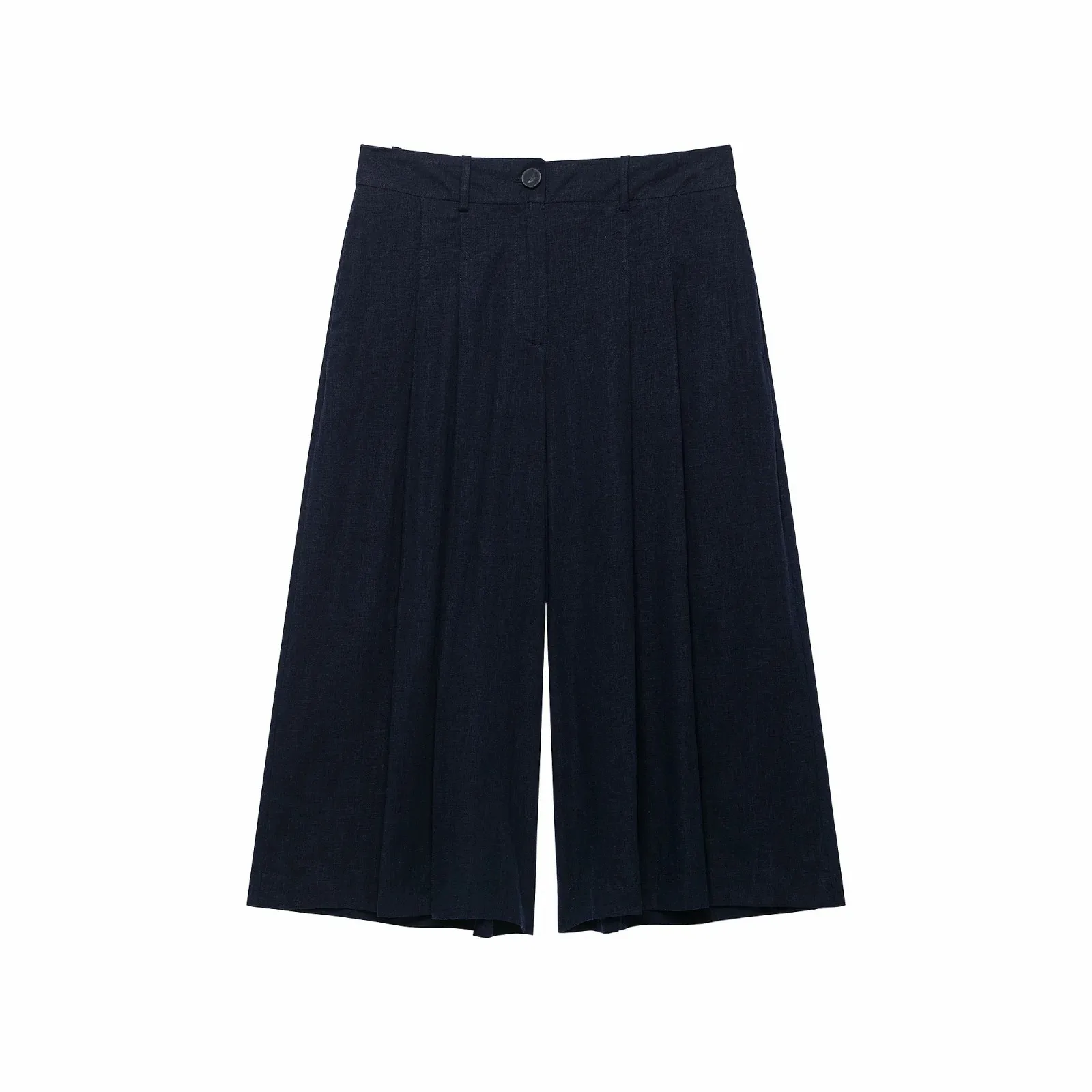 Damen Marineblau 2-Teiliges Set Ärmellose Blazer-Weste mit Revers und Gürtel + Hochgeschnittene Plissierte Weite Culottes-Shorts Damenanzug – Detail 6
