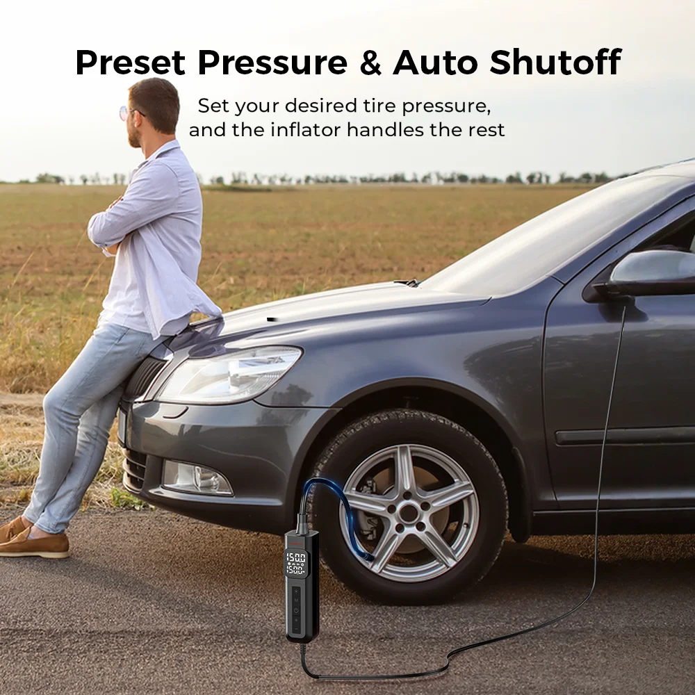 C1 Tire Repair Kit Portable Tire Inflator: 12V Car-Powered, Featuring a Digital Pressure Gauge, LED Work Light, 100% Duty Cycle, and Rapid Inflation. a Heavy-Duty, Compact Inflator Designed Specifically for Cars, Trucks, Motorcycles, and Bicycles.