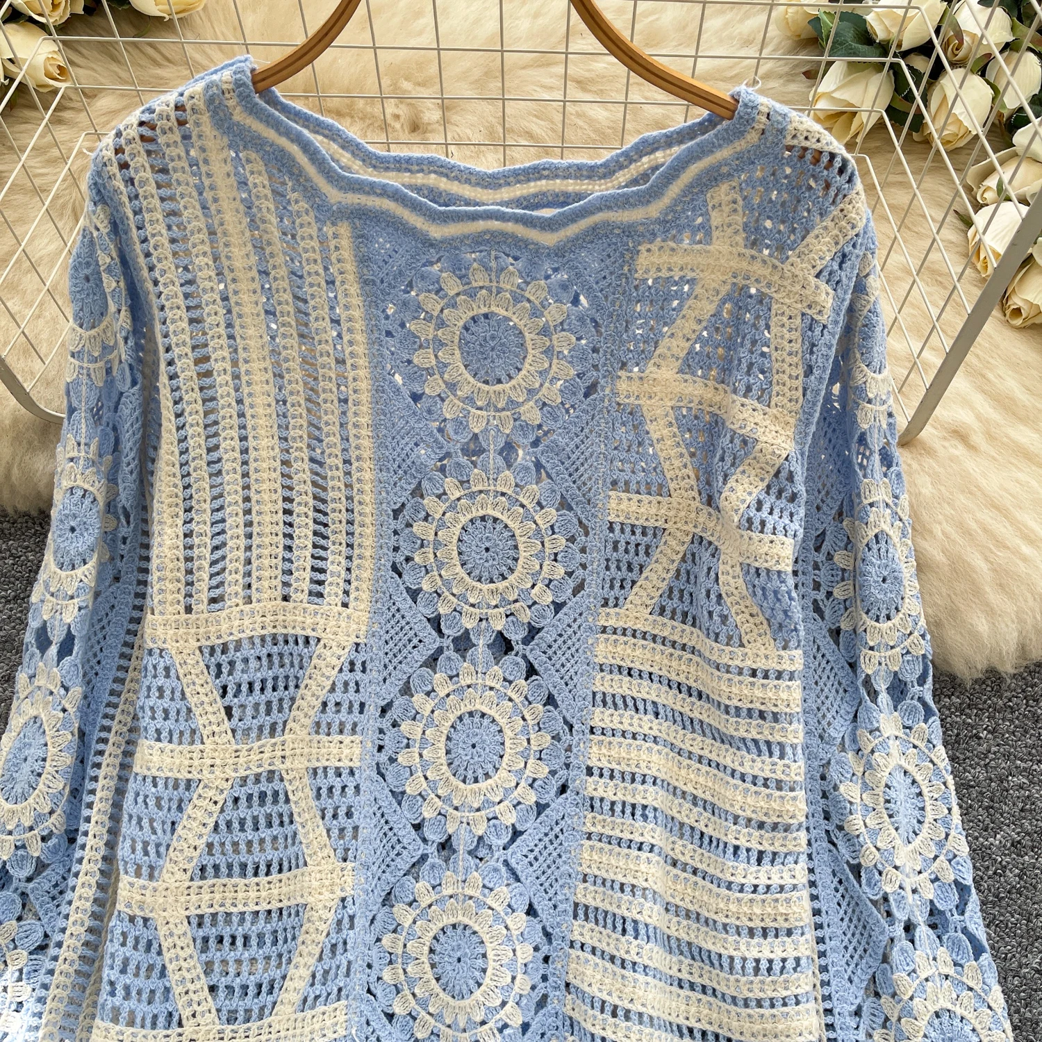 เสื้อไหมพรมถักโครเชต์แบบโปร่ง สไตล์อ่อนโยน ทรงเข้ารูป ใส่สบายๆ สีน้ำเงินวินเทจ สำหรับฤดูใบไม้ร่วงและฤดูหนาว