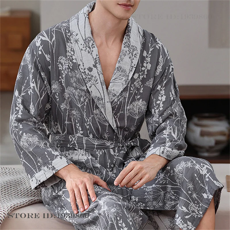 

Print Floral 100% Cotton Men's Robe Couple Kimono Bathrobe Gown Spring Autumn New Sleepwear Homewear Loose Casual Loungewear