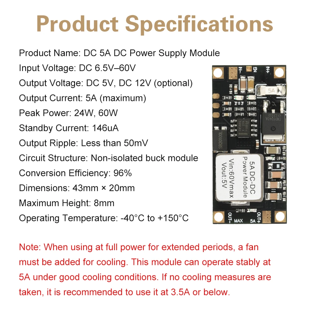 DC 6,5~60V zu DC 5V/12V Step-Down Power Board 5A High Power mit Schutz Hocheffiziente geregelte Stromversorgung