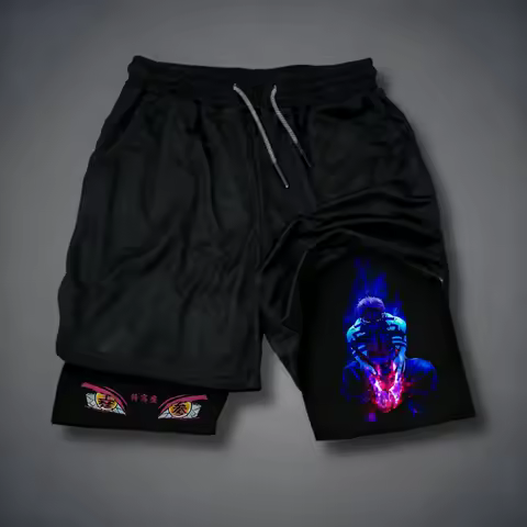 Demon Slayer Men's Double-layer Shorts Akaza Summer Japanese Anime Fake Two-piece Sports Fitness Quick-drying Shorts