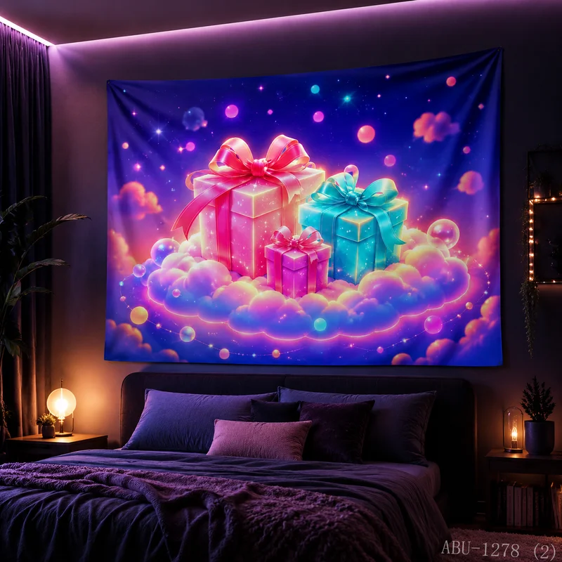 VIKAMA Purple Green Time Space Vortex Neon Luminous Gift Box Starry Sky Christmas Tapestry HD Wall Hanging Decor for Living Room