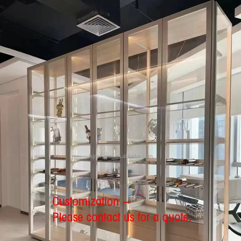 custom.Minimalist Modern Luxury Custom Metal Aluminum Glass Wall Display Cabinet Showcase With Steel Door Led Light Living R