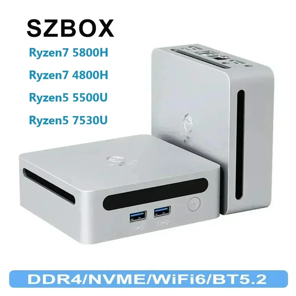 SZBOX R5 5500U R5 7530U / R7 4800H R7 5800H كمبيوتر صغير Windows 11 PRO DDR4 3200MHz NVME SSD WiFi 6 BT 5.2 كمبيوتر ثلاثي العرض