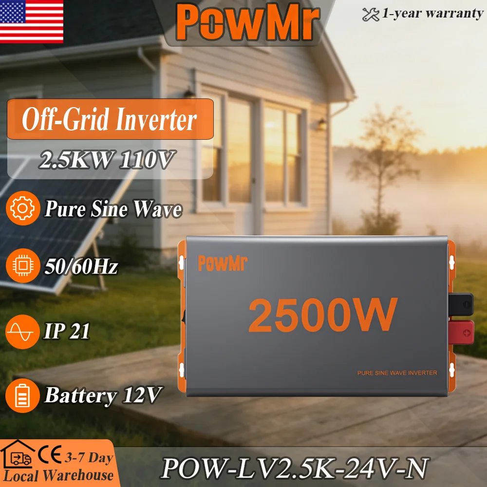 PowMr 24V 2.5KW Pure Sine Wave Inverter 24VDC to 110VAC Off Grid Solar Inverter 2500W PV Input 50 60Hz Compact Power Converter for Light Home Use RV Backup Power and Solar Systems