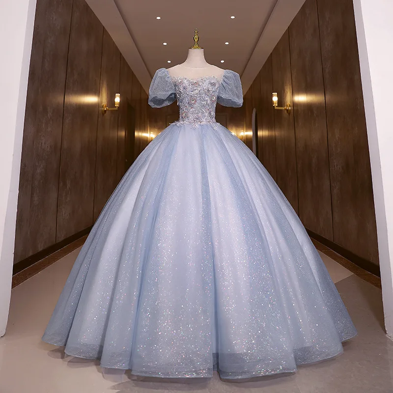 Robes de Quinceanera à manches courtes avec appliques en dentelle bleue, robe de soirée à paillettes de luxe, robe de Rhvintage, robe éducative, 15 ans