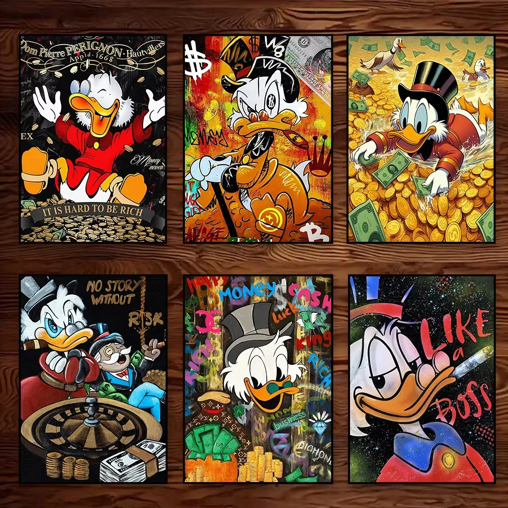 فن البوب قماش اللوحة الكتابة على الجدران دونالد داك الحب المال يطبع ديزني بيتكوين ريتش داك غرفة نوم غرفة المعيشة الديكور ملصق