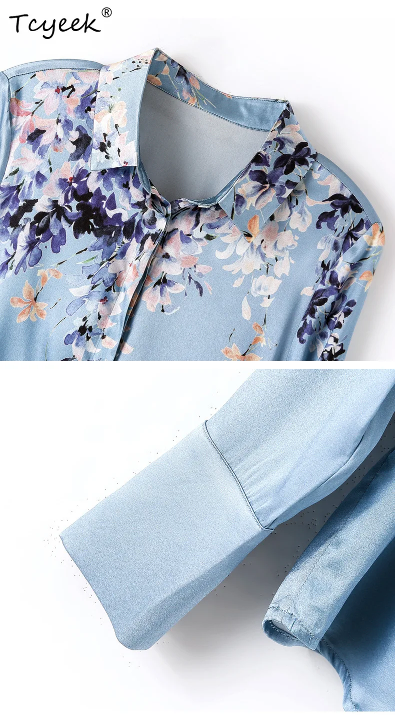 Tcyeek 90% Jedwab Morwowy 10% Spandex Koszula z Nadrukiem Temperamentna Jesień Zima 2023 Długi Rękaw Uniwersalna Bluzka Damska T30302QC