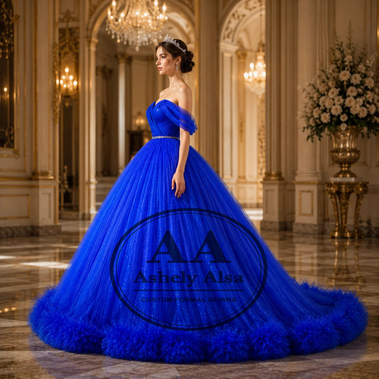 Customized Royal Blue Women Prom Birthday Party Dress Off Shoulder Crystal Lace Up Bow Tulle Quinceanera Wedding Formal AA083