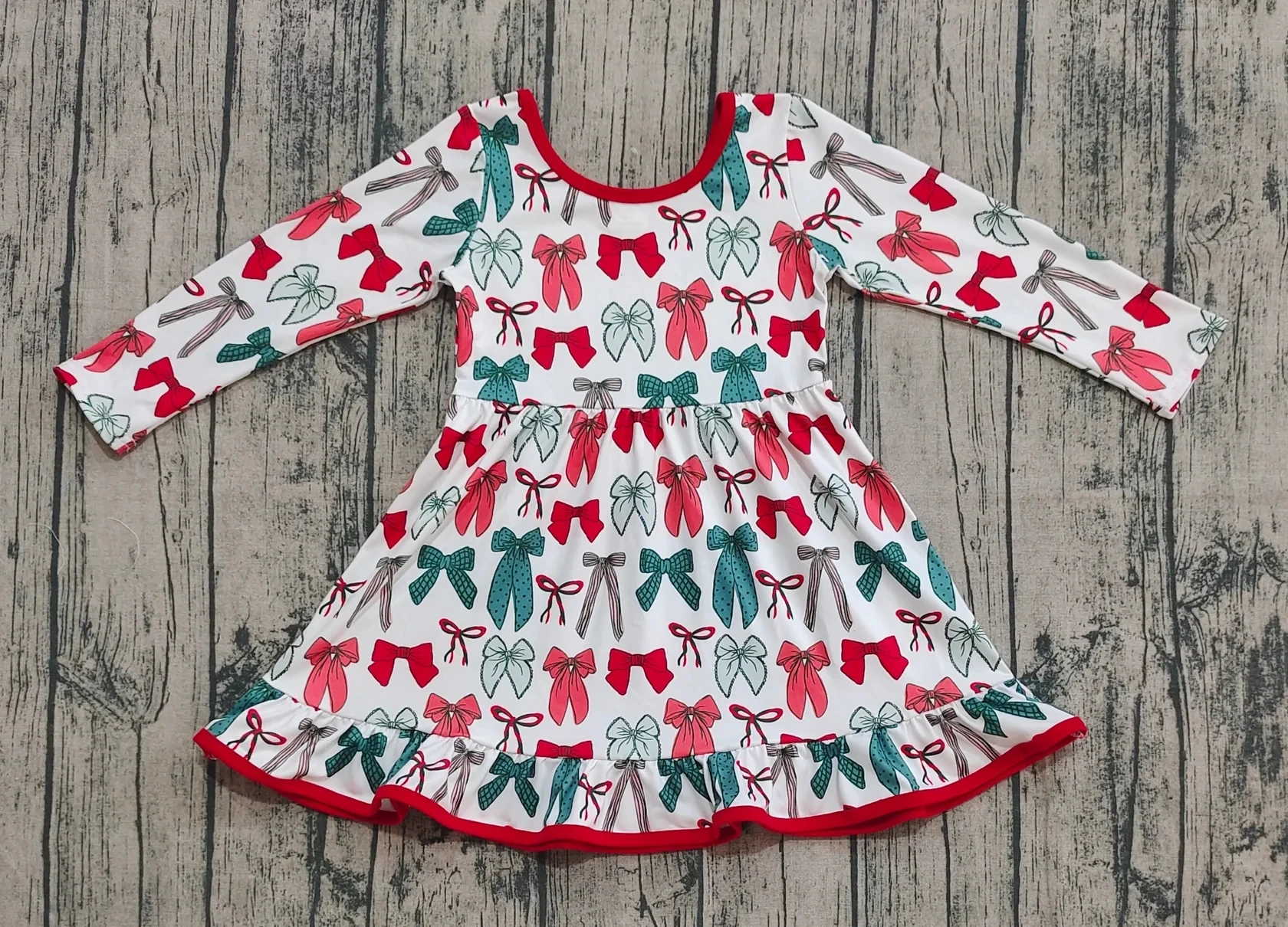 Wholesale Baby Kids Children Long Sleeves Girl Ruffle Dress Toddler Knee Length Christmas Clothing Infant Green Red Bows Clothes