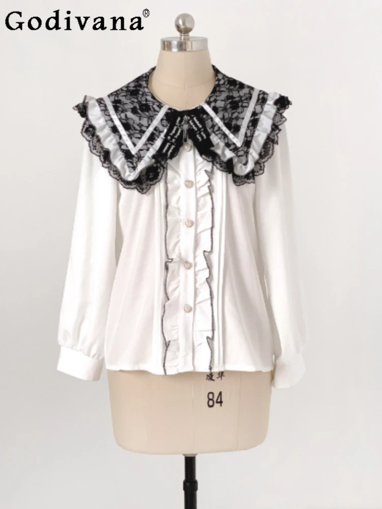 

Japanese Original Lolita Sweet Girl Lace-Up Off-Shoulder Chiffon Ruffle Long Sleeve Shirt Doll Collar Single-Breasted Blouse