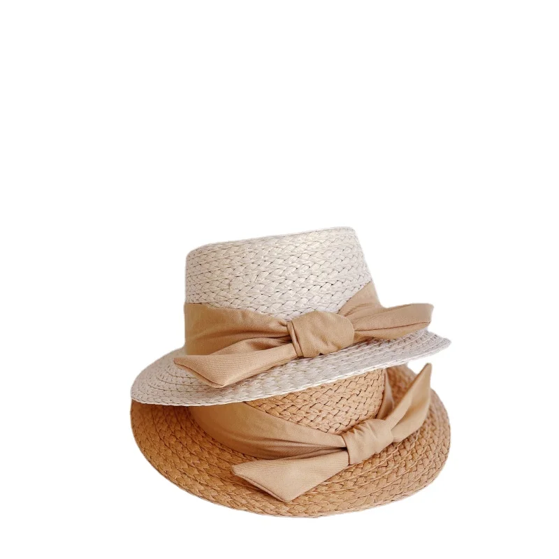 Children's Hand Made Straw Hat  Simple and Playful Bow  Ribbon Joker Girl Hat Travel Sun Hat Flat-topped Beach Hat for Holiday