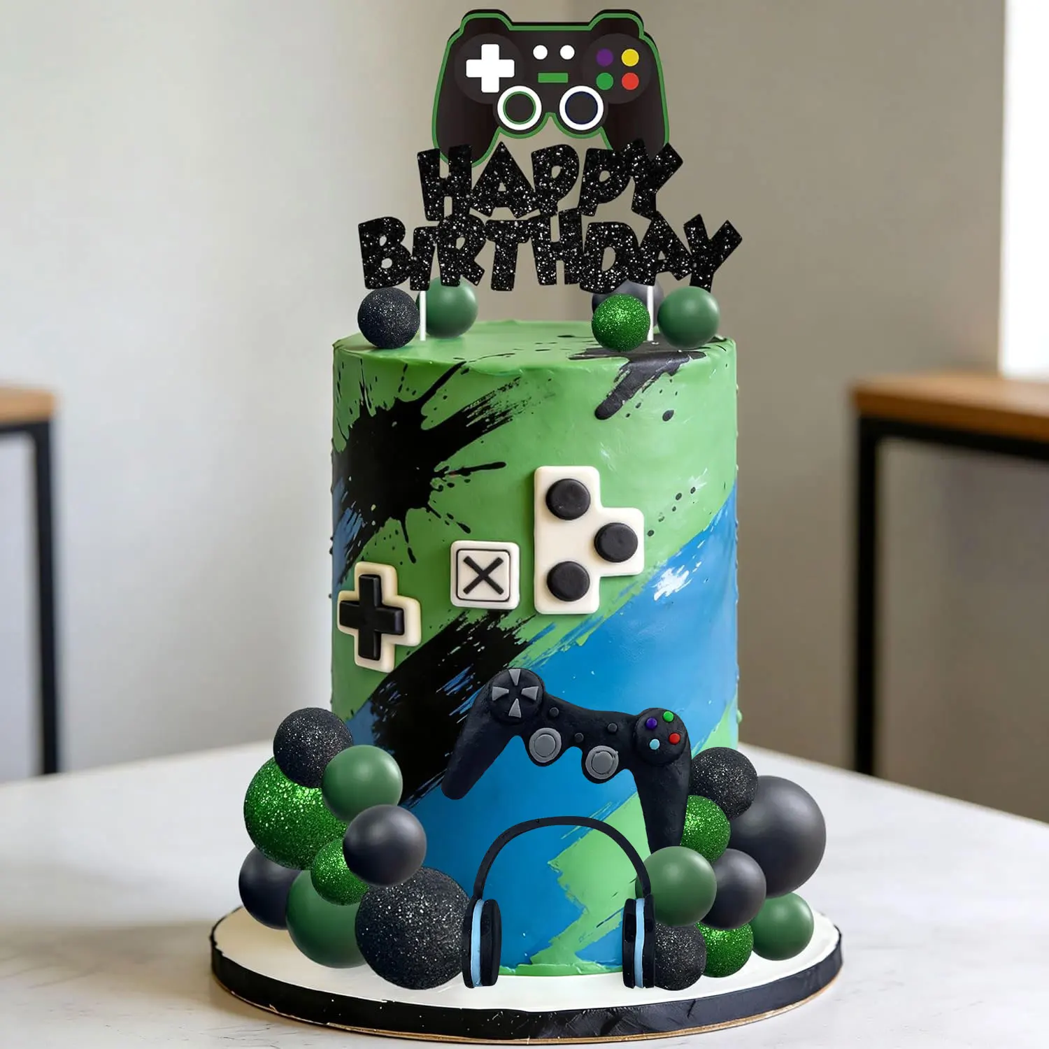 23-teiliges Videospiel-Tortendeko-Set - Glitzer-Geburtstags-Schild, Controller, Kopfhörer & Ball-Deko, Gamer-Themen-Tortendekoration für Jungen