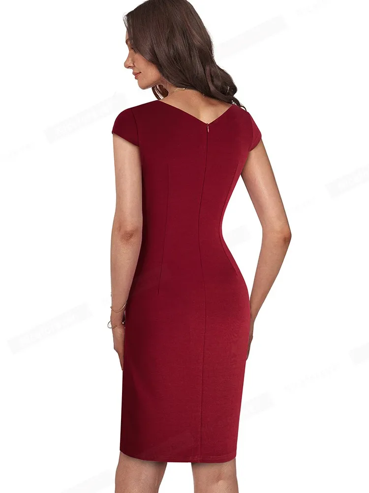 Nice-forever Summer Women Elegant Front Split Office Plain Dresses Business Formal Vintage Bodycon Slim Dress B700