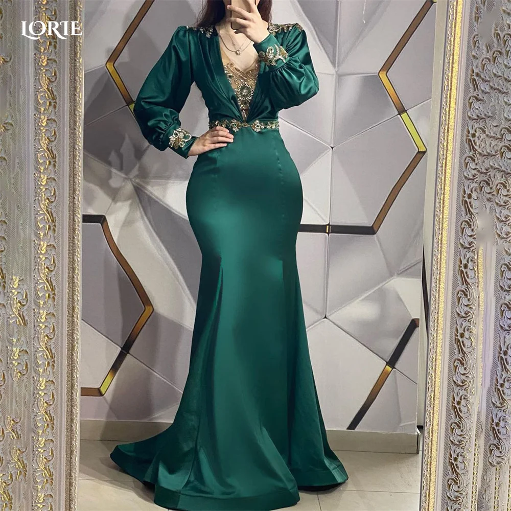 LORIE Green Saudi Arabia Evening Dresses Cap Sleeves Mermaid V-Neck Celebrity Gowns Beadings Women Bodycon Formal Party Dress