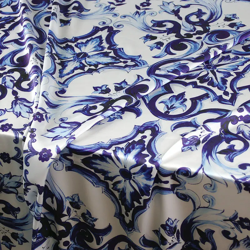 Europe And America Blue And White Porcelain Printed Imitate Silk Satin Fabric For Women Dress Blouse Handmade DIY Cloth Sewing