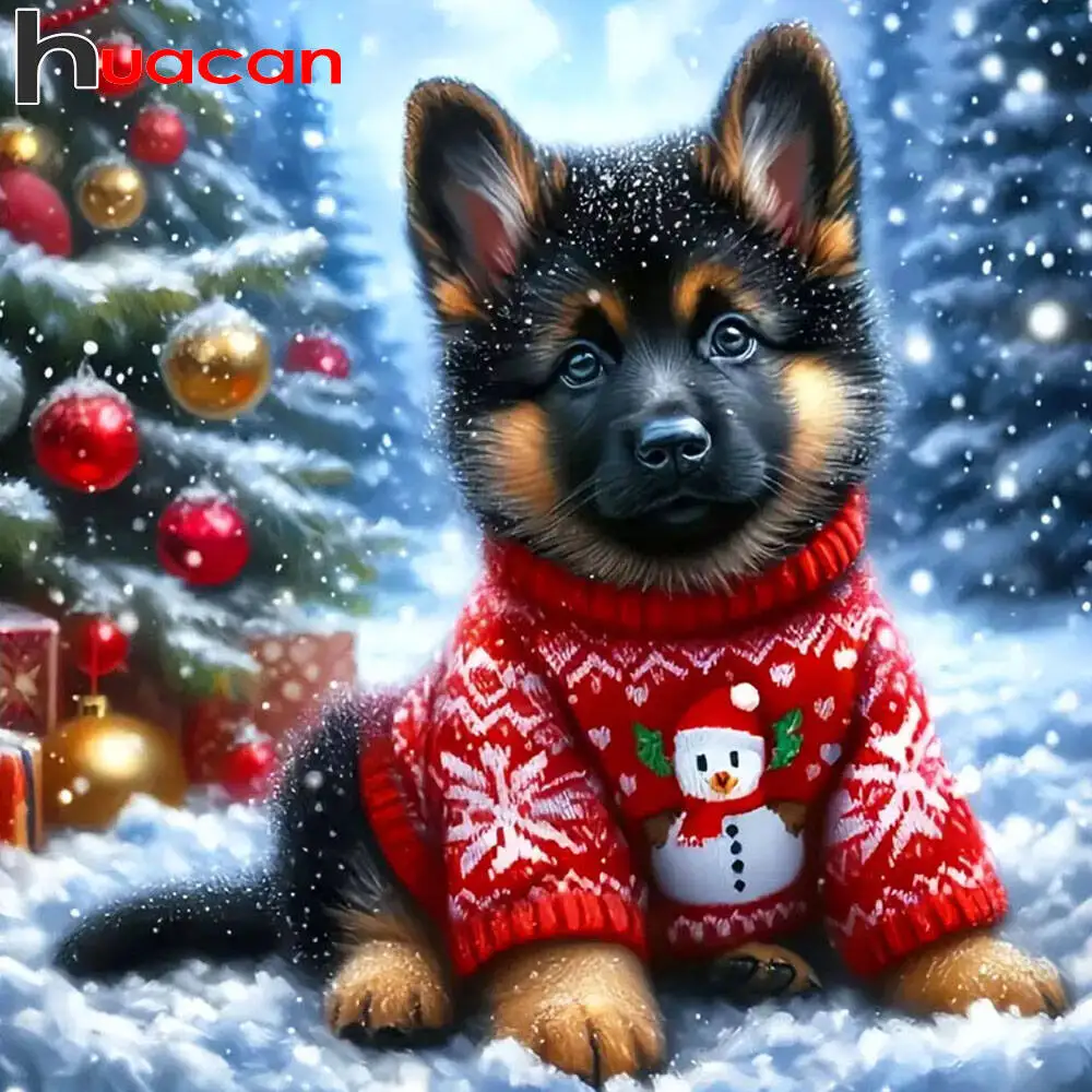 Huacan Vollquadrat Rundes Diamantgemälde Hund Weihnachten Diamant Mosaik Tier Kunst Wanddekoration