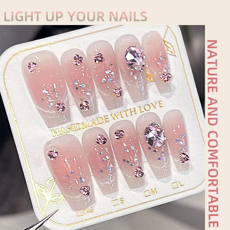 

Cute Powder Blusher Gradual Change Nail Hand-made Press on Nails Wear plus Halo Dye Sparkle Diamond Girl Nail Art