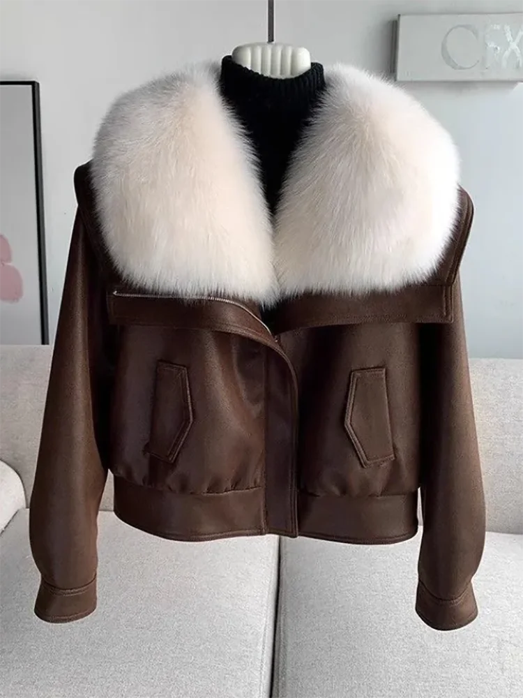 المرأة الراقية الثعلب الفراء بولي Leather سترة جلدية فضفاضة تناسب الفراء طوق معطف قصير دافئ الخريف الشتاء موضة أبلى