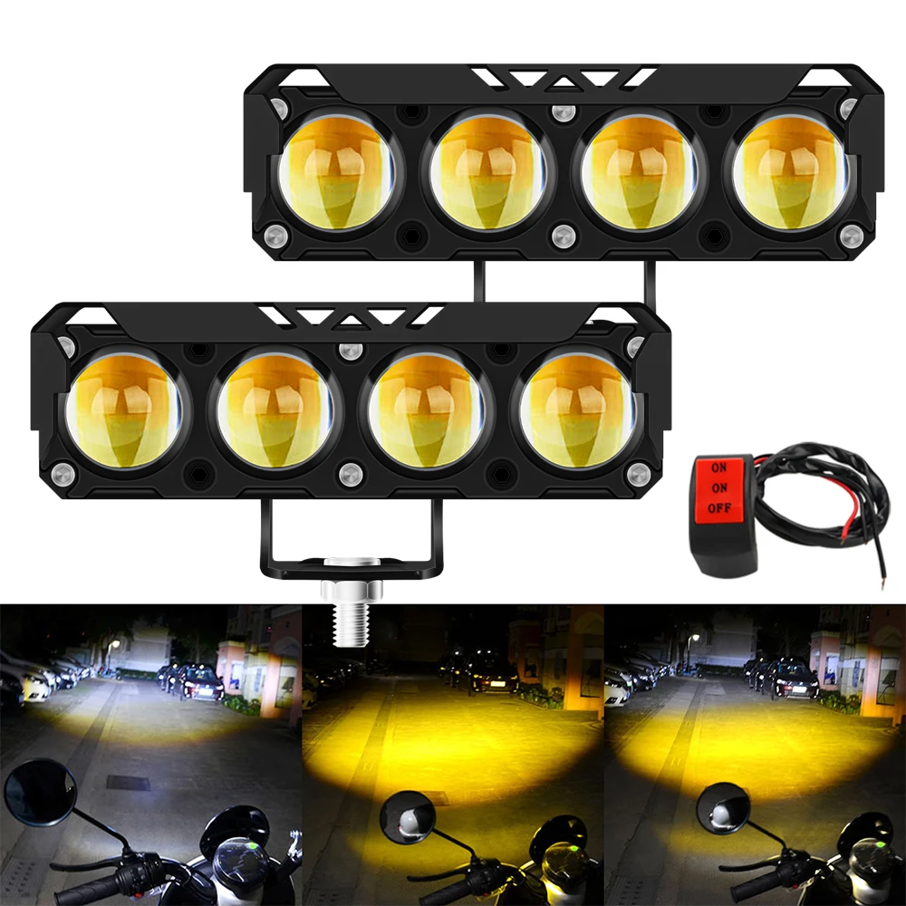 Motorcycle LED Spotlight 4x4 Strip lights Lens Working Light Bar Yellow White High Low Beam Lights Moto Headlight With Switch
