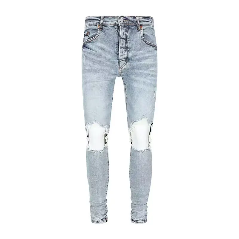 

High street designer fashion new men's light blue jeans stretch slim fit patchwork ripped jeans hip-hop brand pants hombre