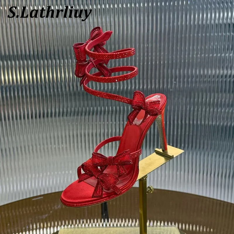 Sandals Summer Bling Crystal Bow Serpentine Wrapped Thin High Heel Women Fashion Gladiator Sandalias Banquet Dress Wedding Shoes