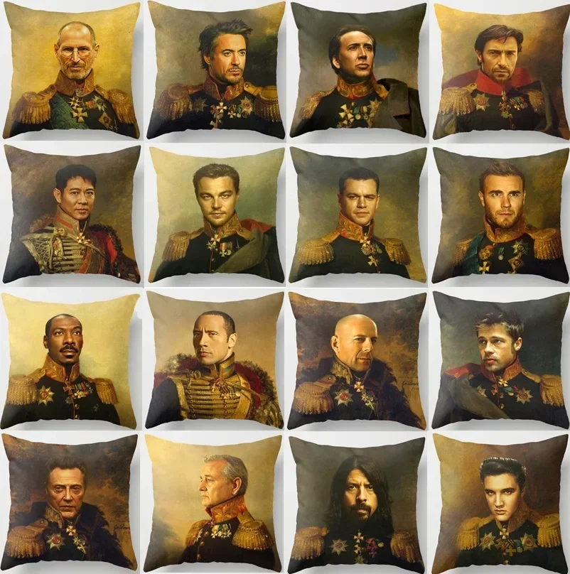 Bill Murray Leonardo Brad Pitt Damon Cushion Covers Celebrities Replace Face Military Generals Portrait Painting Pillow Case