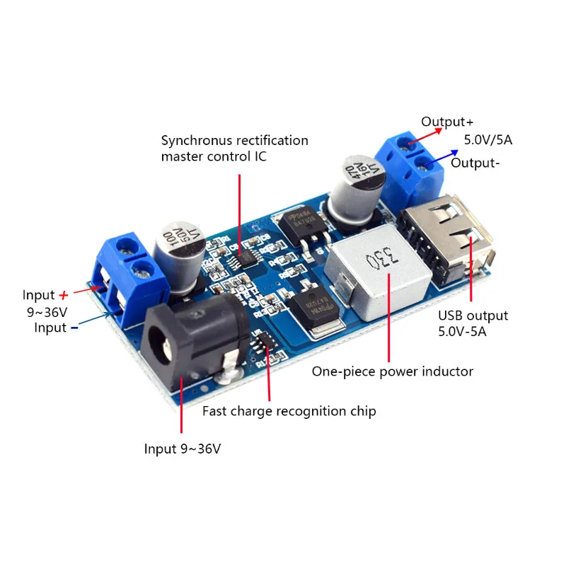 Fuente de alimentación reductora, convertidor Buck DC-DC de 9V-36V a 5V/5A, reemplaza LM2596S, USB ajustable, reductor, alta eficiencia, bajo calor