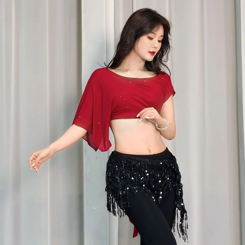 Customized Belly Dance Costume Top 2025 New Sexy Mesh Short Sleeved Workout Suit Eastern Dance Top for Women