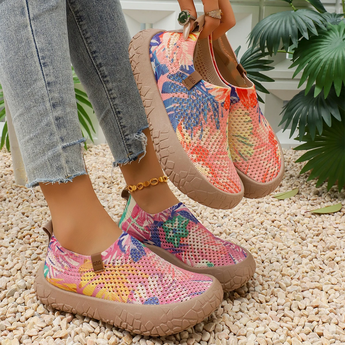 Spring/Summer Women flat bottom round head stamp mesh fabric breathable shoes Fashion Anti-slip Casual Sneakers Zapatos De Mujer