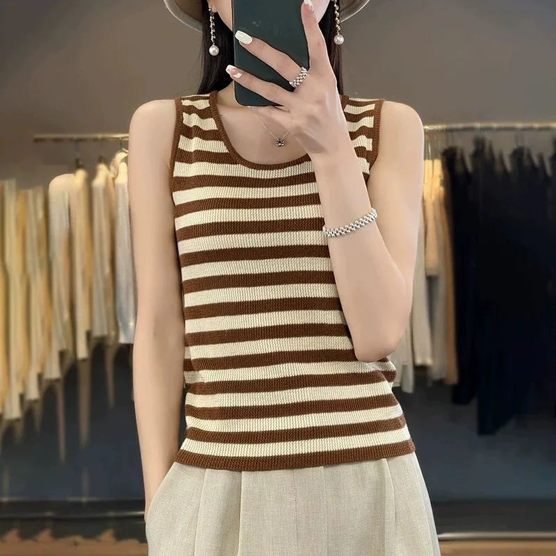 

Women's Knitted Wool Vest Strapl Slim Fit round Ne Spring Summer New Sle Inner Wear Striped Base irt Commute Sle