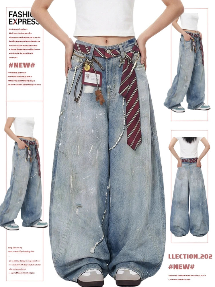 

Printed 3D Knife Wide Leg Jeans Women's Spring Autumn Street Style Trendy Loose Fit High Waist Denim Pants Casual Wear