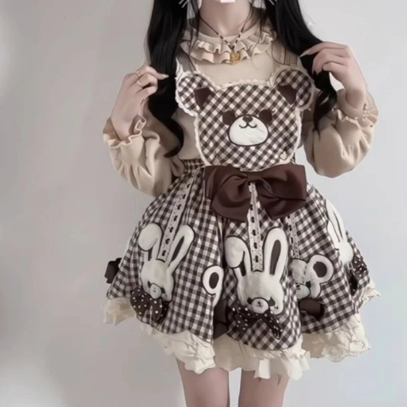 Y2k Aesthetic Preppy Style 2 Piece Set Women Kawaii Ruffles Top Cartoon Bear Plaid Bow Dresses Japanese Gothic Lolita Skirt Suit