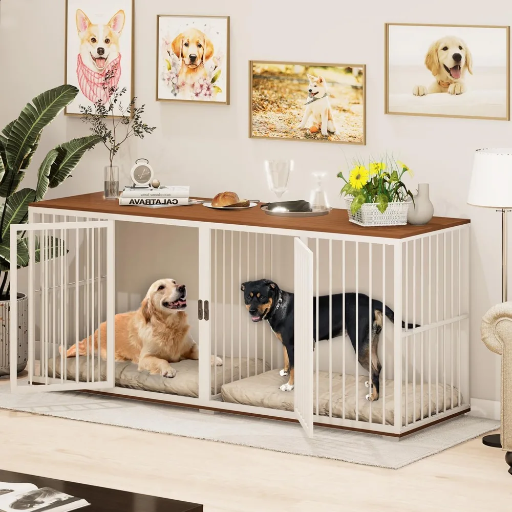 

Double Dog Crate Furniture, 71.6'' Metal Steel Frame Dog Kennel with 2 Rooms and Removable Divider, Heavy Duty Dog Crate Table