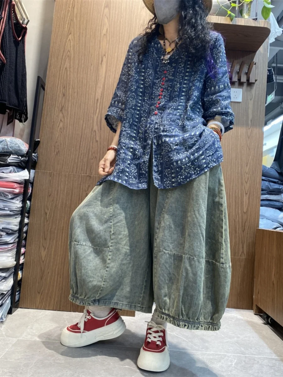 الرجعية الراقية الكتان طباعة ميدي irt حجم كبير المرأة اللون بلو زر V-Ne رقيقة رداء علوي غير رسمي الصيف فضفاضة تناسب تخفيف Sle