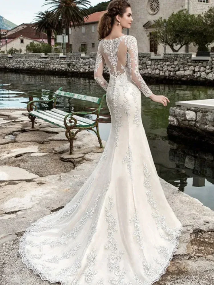 Elegant Sweetheart Mermaid Wedding Dress 2024 White Long Sleeve Open Back Lace Applique Bridal Gown Sweep Train Vestido De Novia