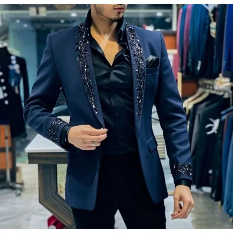 Luxury Beaded Mens Prom Wedding Tuxedo Shawl Lapel Custom Made Formal Fashion Suit Separates Jacket Pants Formal Party Outfit