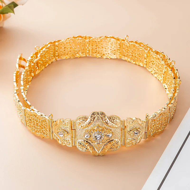 Luxury Morocco Bridal Body Jewelry Wedding Engagement Dress Gold Color Belt Gold Plating Crystal Waist Chain Bijou Gift