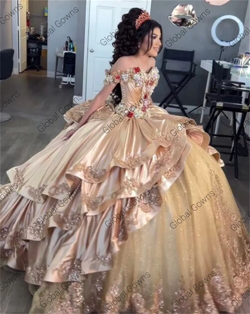 Vestidos De quinceañera con cuentas De flores 3d champán, apliques escalonados, vestido De graduación con lazo, 15 Años, dulce 16, 2024