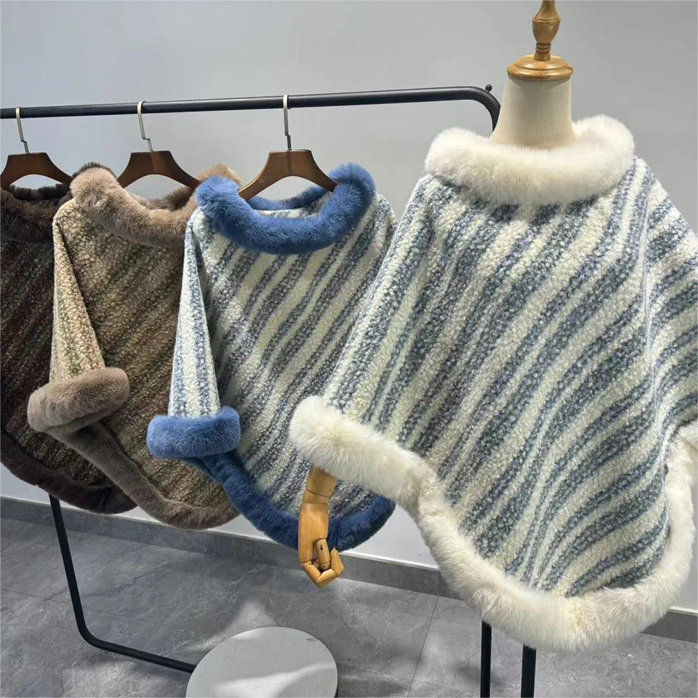 

2024 Female Warm Oversize Imitation Lamb Poncho Shawl Cloak Women Cape Big Pendulum Faux Fur O Neck Striped Pullover Overcoat