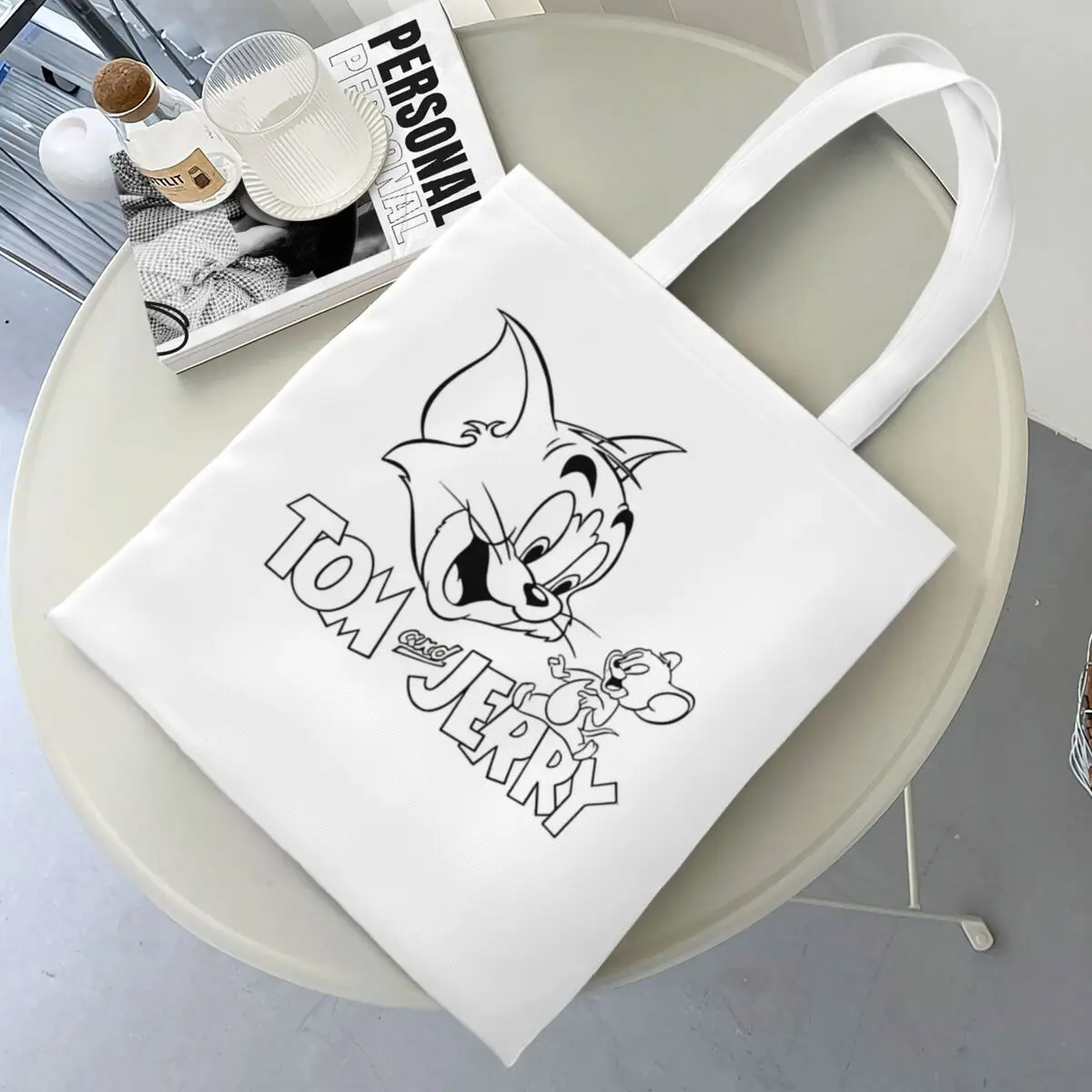 Unisex Tom And Jerry Black And White Logo Tote Bags Canvas Shopping Bag for Shopper Handbags