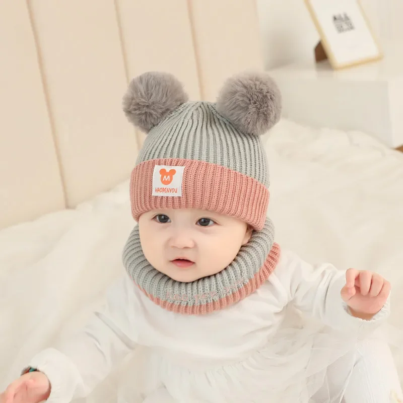 Disney Mickey Mouse Children\'s Cartoon Knitted Hat Scarf Suit Cute Animation Baby Boy Girl Beanie Infant Skull Cap Winter Warm