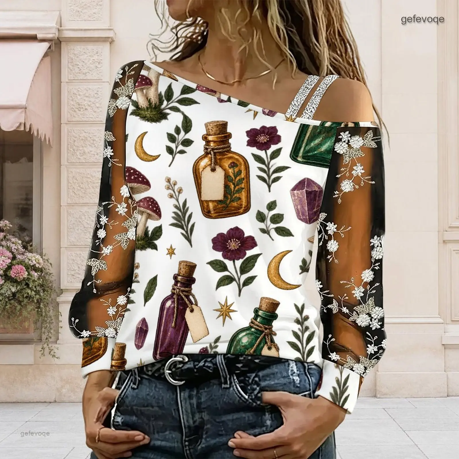 Women Asymmetric Cold Shoulder Long Sleeve Top Printed Potion Bottle Mushroom Moon Floral Pattern